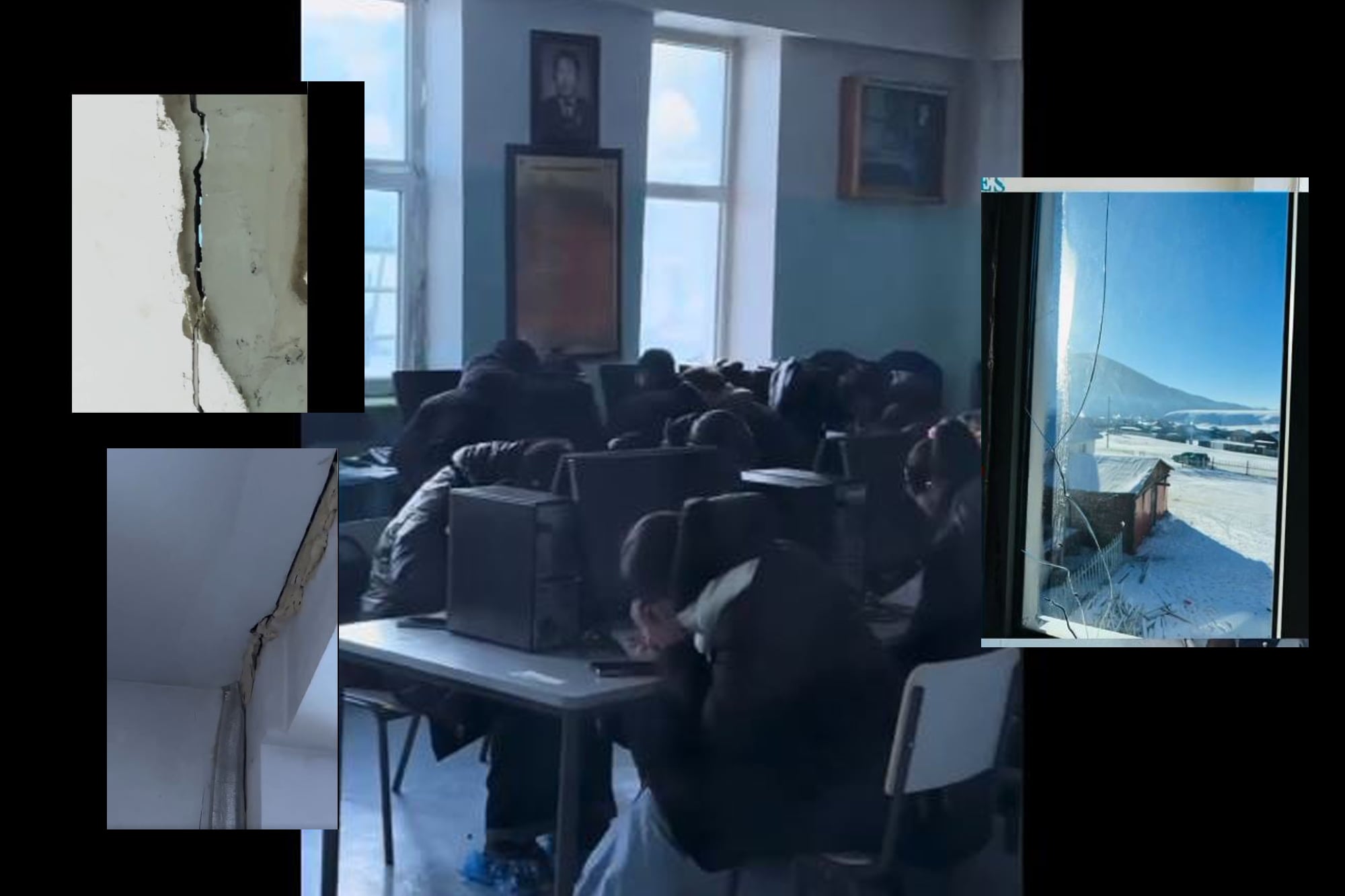 Сурагчид хана  нь цуурсан, халаалтгүй ангид гадуур хувцастай, бээлийтэй хичээллэж байна